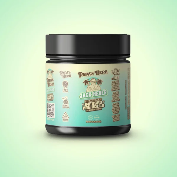 Papa's Herb Jack Herer infused pre-rolls jar packaging with product label